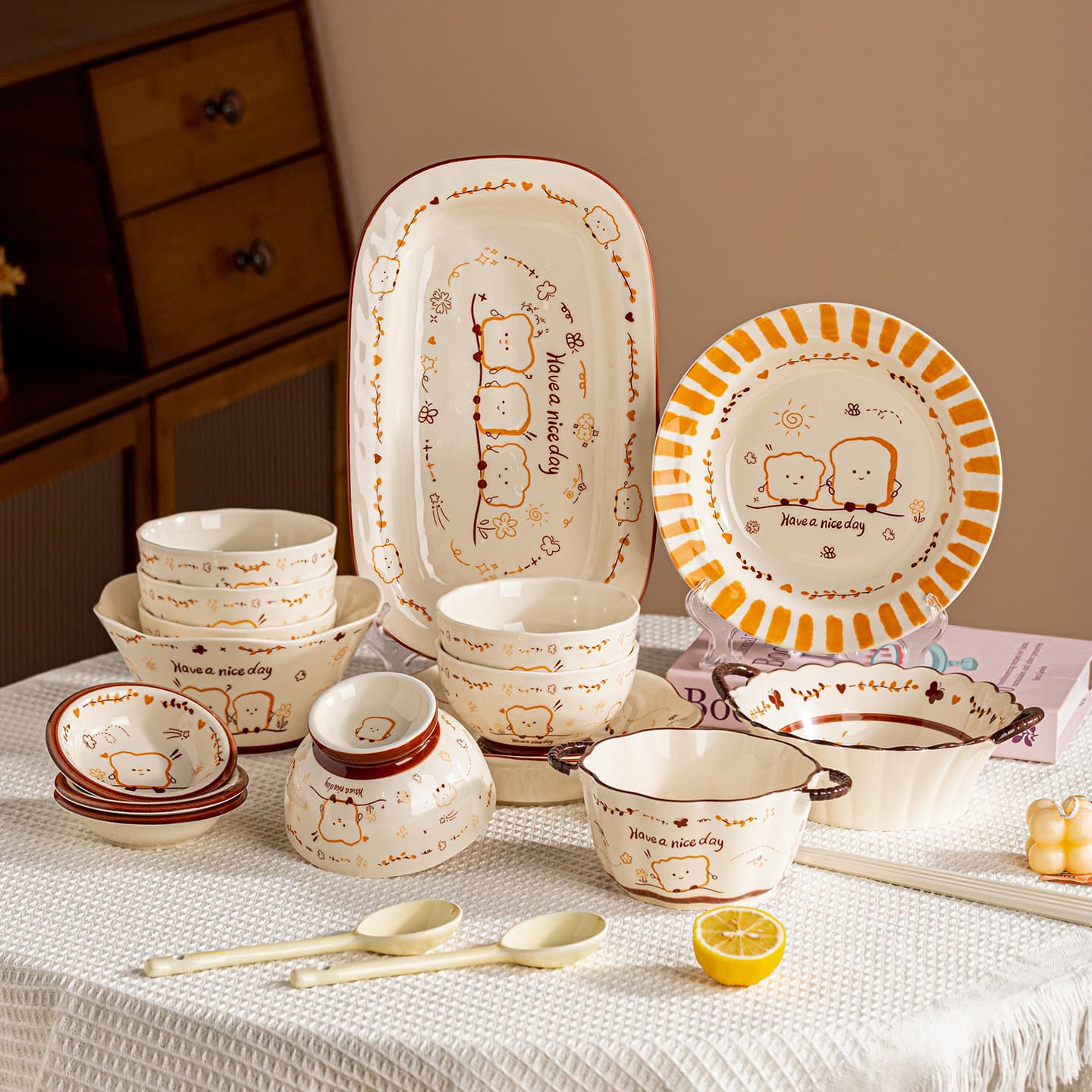 Toast Underglaze Ceramic Bowl and Plate Set Birthday Gift High-Aesthetic Couple Tableware Plate Soup Bowl Double-Ear Bowl