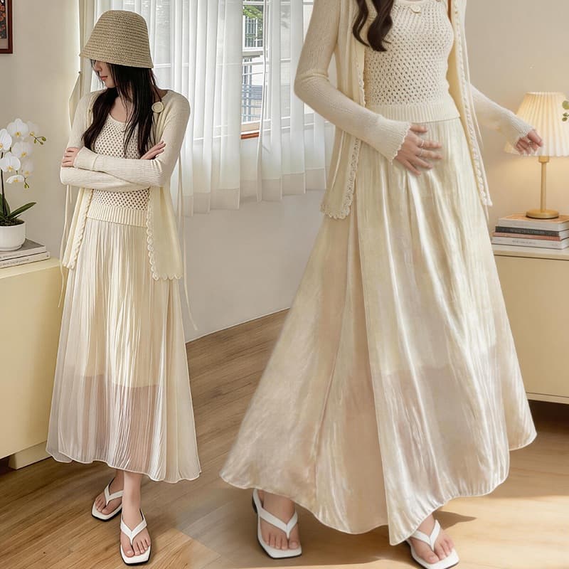 Pregnant Women High-End Flowing Mesh Skirt Women Summer A-Line Midi Skirt Elegant Slimming Large Swing Umbrella Skirt
