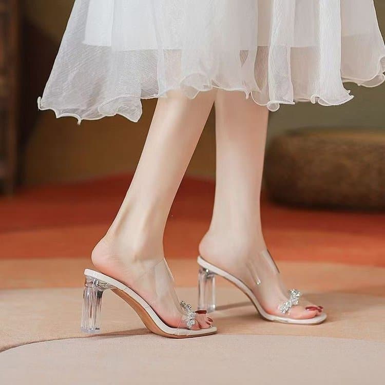 Women's One-Strap Block Heel Sandals Summer 2026 New Fairy Style French Rhinestone Crystal Transparent High Heels