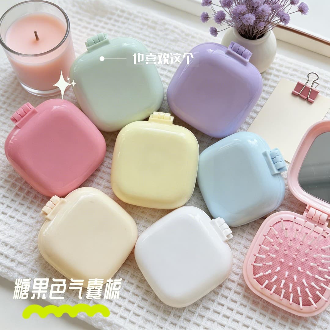 Cute Candy Color Cushion Comb Mini Portable Massage Comb Cross-border Folding Mirror Hair Comb Disposable Set