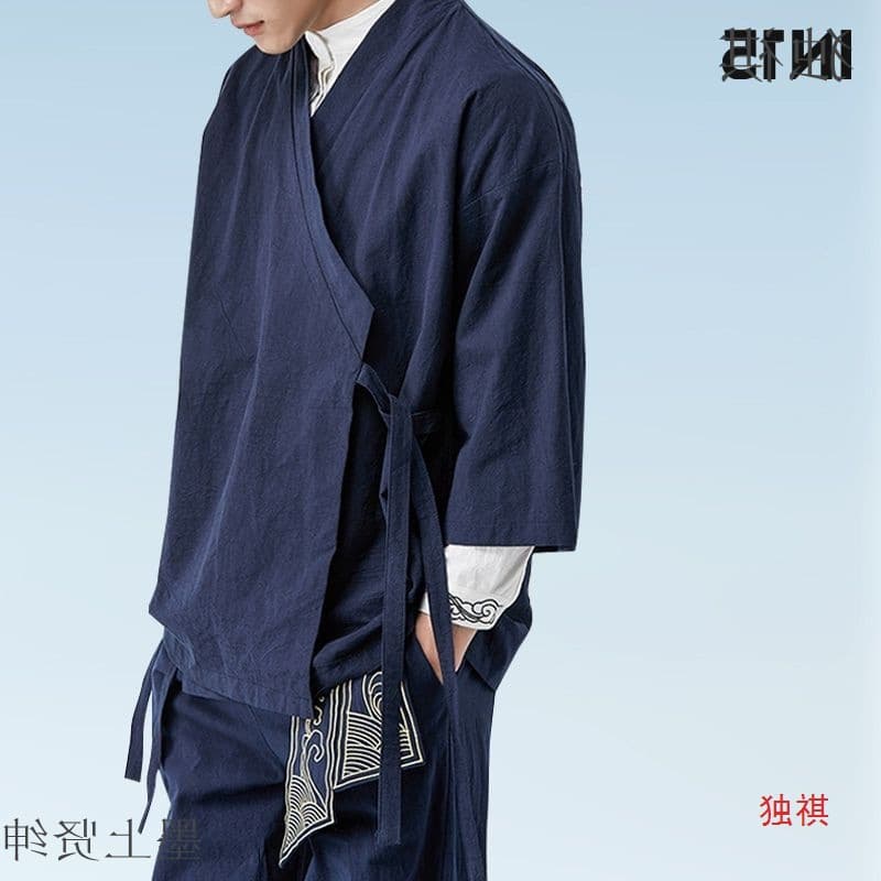 New Spring/Summer Chinese Style Taoist Robe with Three-Quarter Sleeves, Hanfu for Men, Zen-Inspired Layman's Attire, Ancient Style Tea Robe, Cotton and Linen Outerwear
