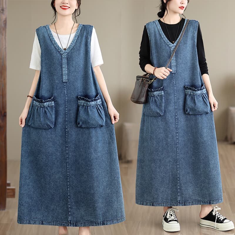Literary large size loose Korean style long denim vest dress loose denim vest dress for women