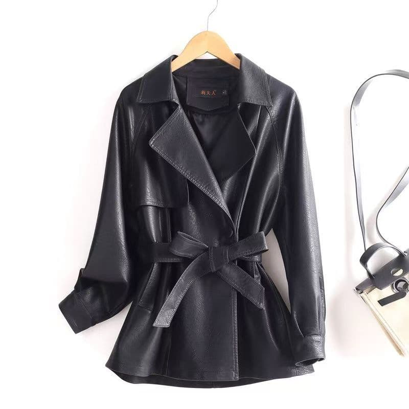 Spring New Korean Style Women's Short Loose Fitted Waist Slimming Leather Jacket Coat Full Sleeve Button Decoration Outerwear