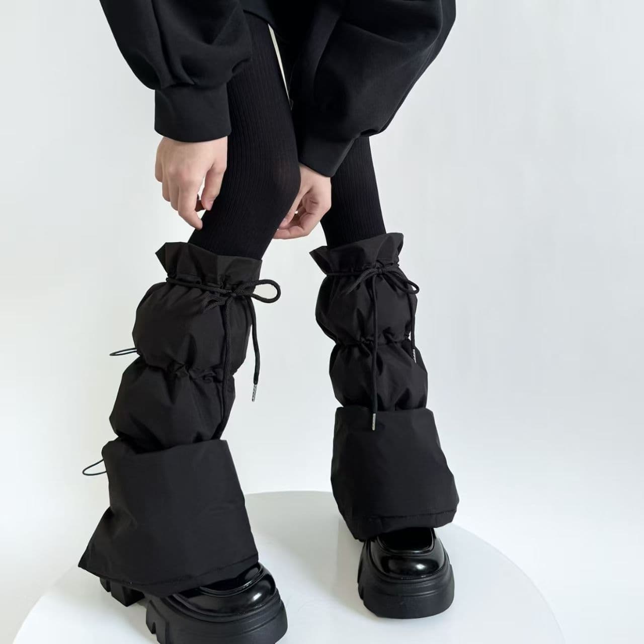 Drawstring Anti-Slip Down Leg Warmers, Calf Windproof and Cold-Resistant Black Stylish Warm Women's Down Socks, Winter Essential