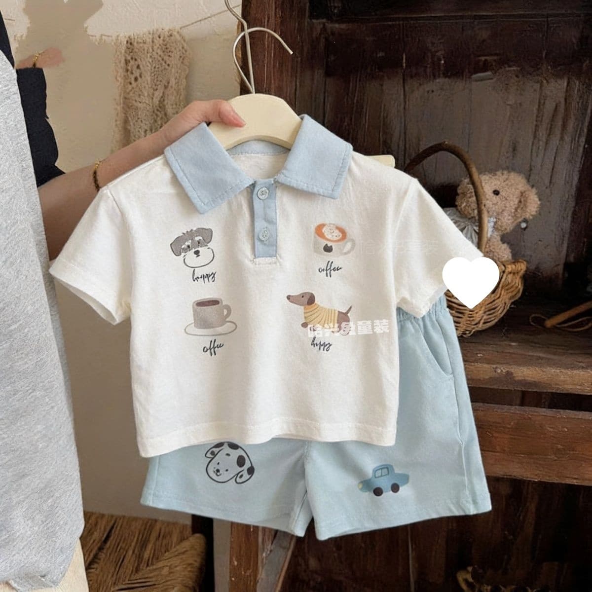 Boys' Summer Casual Short-Sleeve Lapel Set, Toddler Baby Cartoon Top and Shorts Two-Piece Outfit