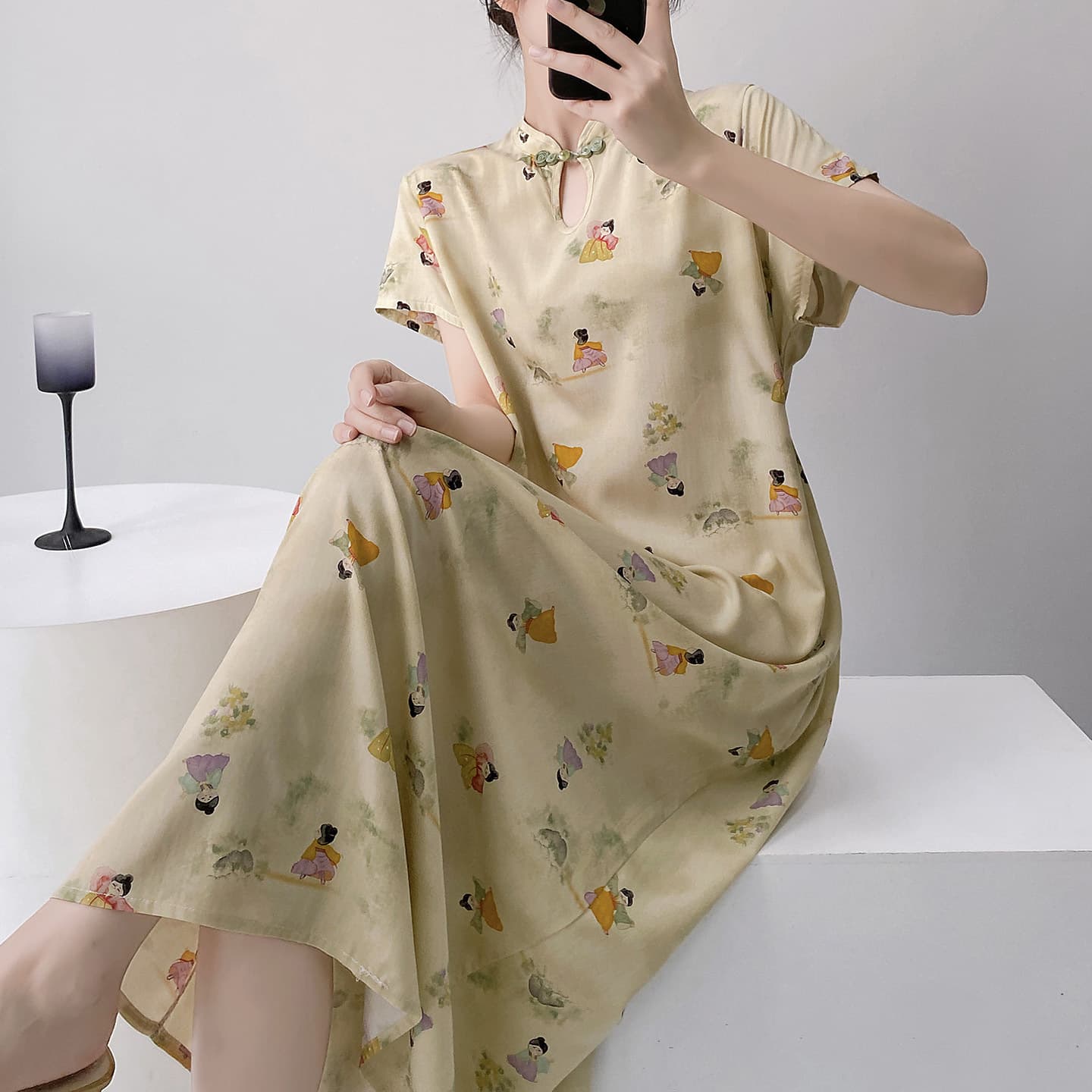 Improved Qipao Cotton Silk Nightgown for Women, Summer Plus Size, Youthful Style, High-End Elegant New Chinese Style National Silk Long Skirt