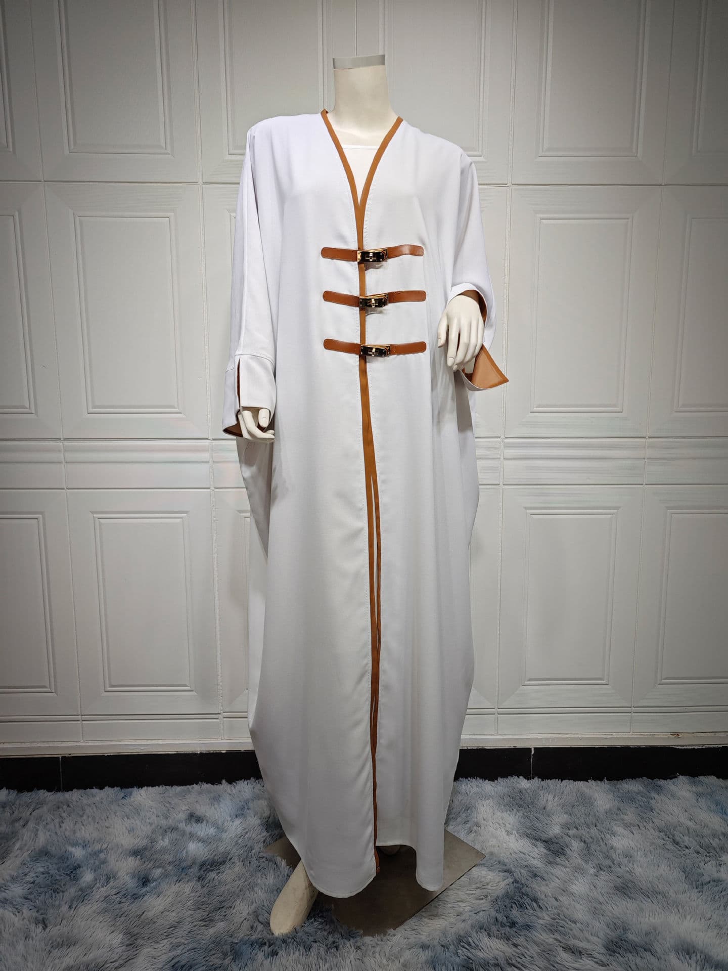 MQ090 2026 Summer New Cross-Border Modest Amazon Fashion Cardigan Leather Button Color-Block Long Dress Outerwear