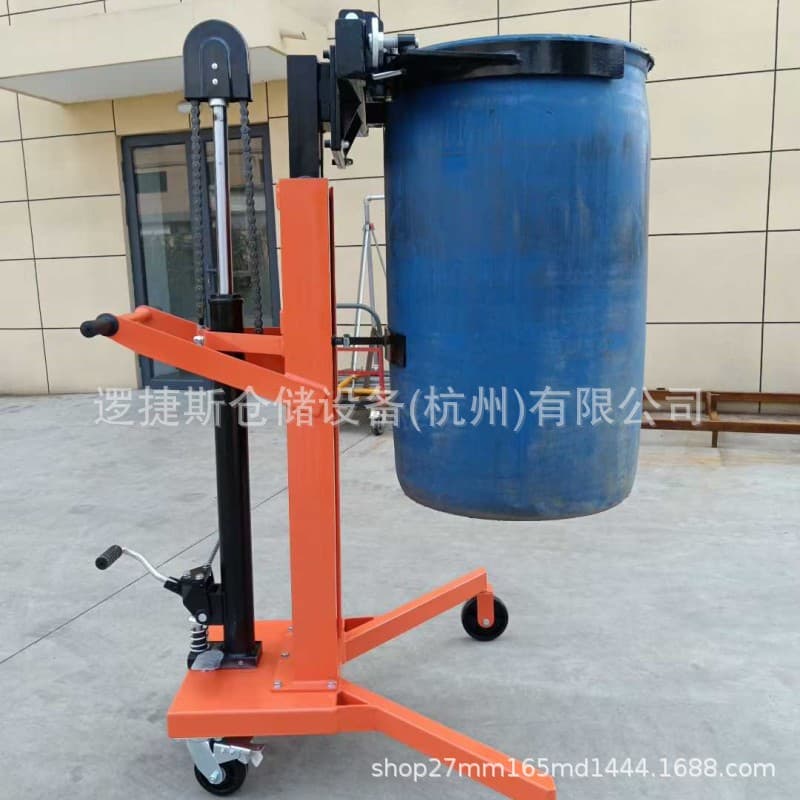 Manual hydraulic oil drum handling forklift; hand-pull oil drum handling vehicle for large round iron and plastic oil drums.