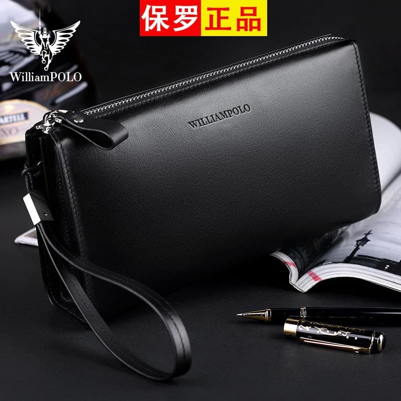 Paul King Large Capacity Business Men's Leather Handbag Top Layer Cowhide Wallet Durable Pure Color Daily Accessory