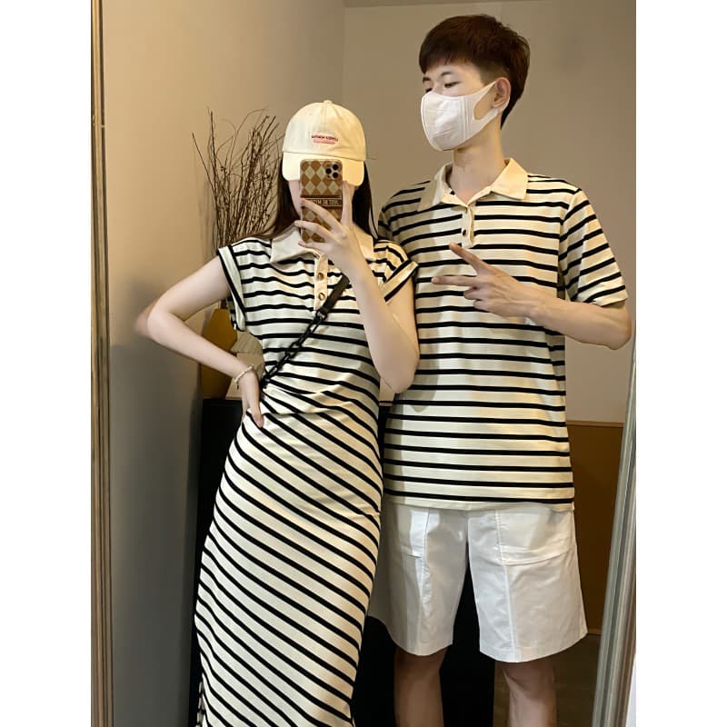 2023 Summer Couple Matching Short Sleeve Black and Apricot Striped Women's School Style Dress and Men's Top with Skirt Set