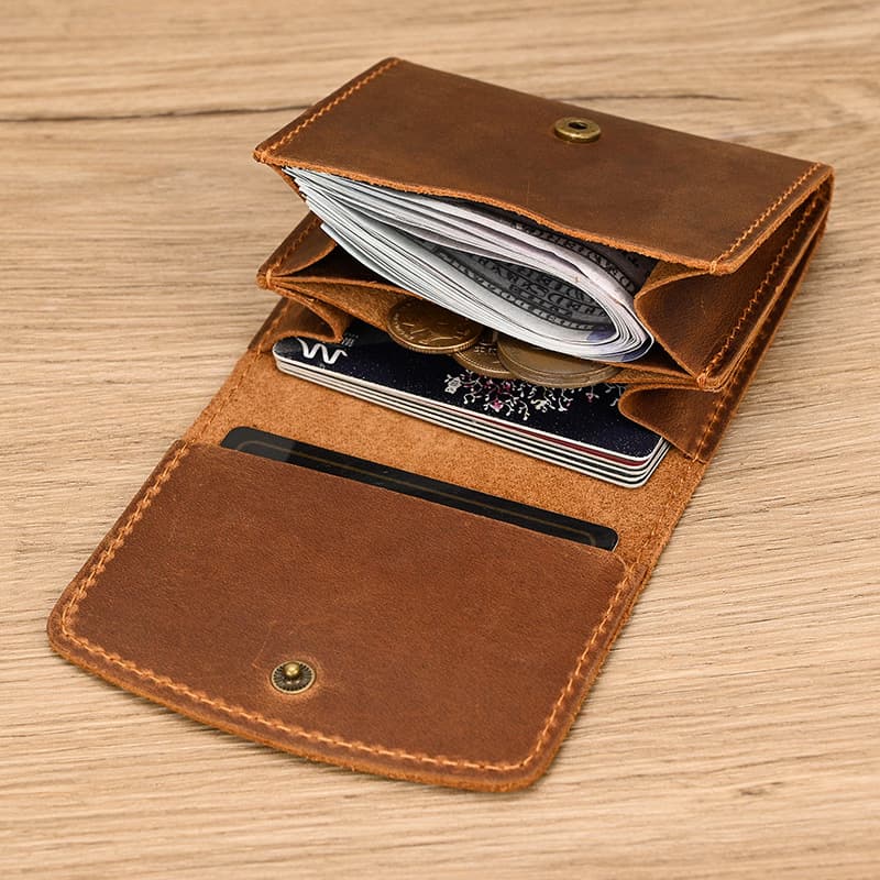 Crazy horse leather coin purse snap button small card holder men's and women's retro first layer cowhide original small wallet shredded silver bag