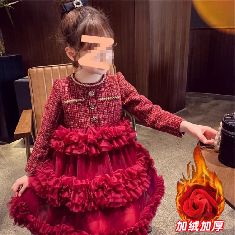 Girls' Xiaoxiangfeng gauze dress winter wear 2026 new style foreign style children's velvet skirt little girl's New Year's greetings dress