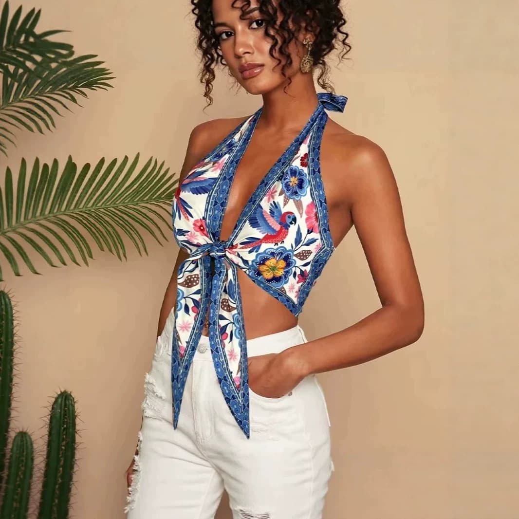 European and American Cross-Border Vacation Style Floral Print Halter Tie-Back Crop Top Summer Hot Girl Waist-Baring V-Neck Camisole