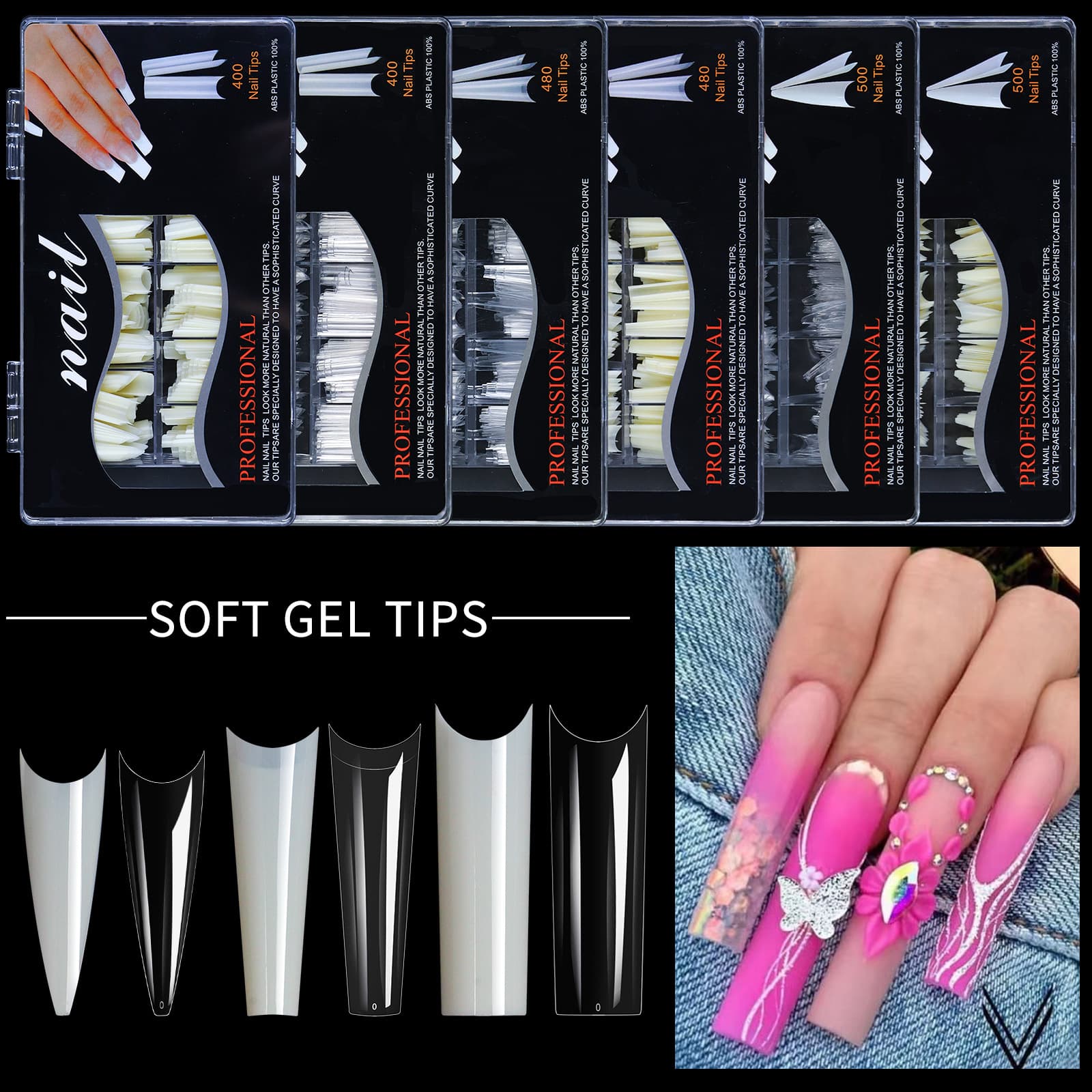 Long Full Cover Ghost Sharp Nail Tips 500 Pieces Boxed Manzilin Brand Simple Style Transparent Wearable Butterfly Pattern Nail Tips