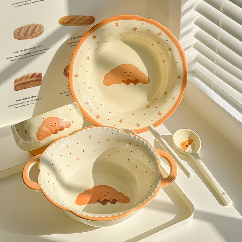 Bread croissant tableware for one person ceramic plate bowl set high-looking dessert fruit bowl deep plate breakfast plate