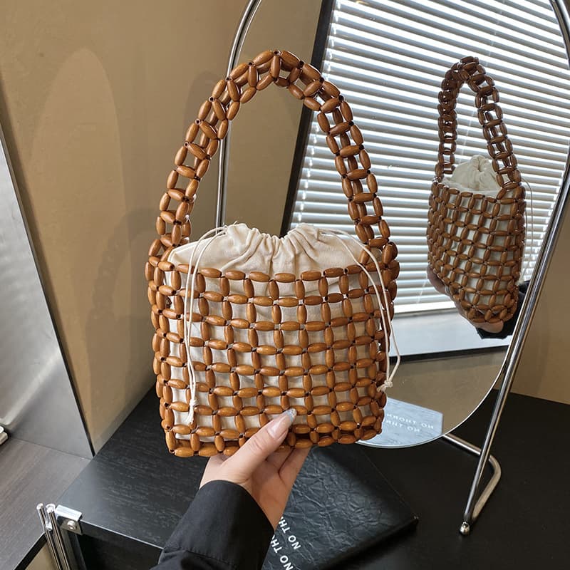 Cross-Border Hot Selling Handwoven Bag with Wooden Beads, Vintage Premium Style Niche Handbag, Small Square Bag, Bucket Bag