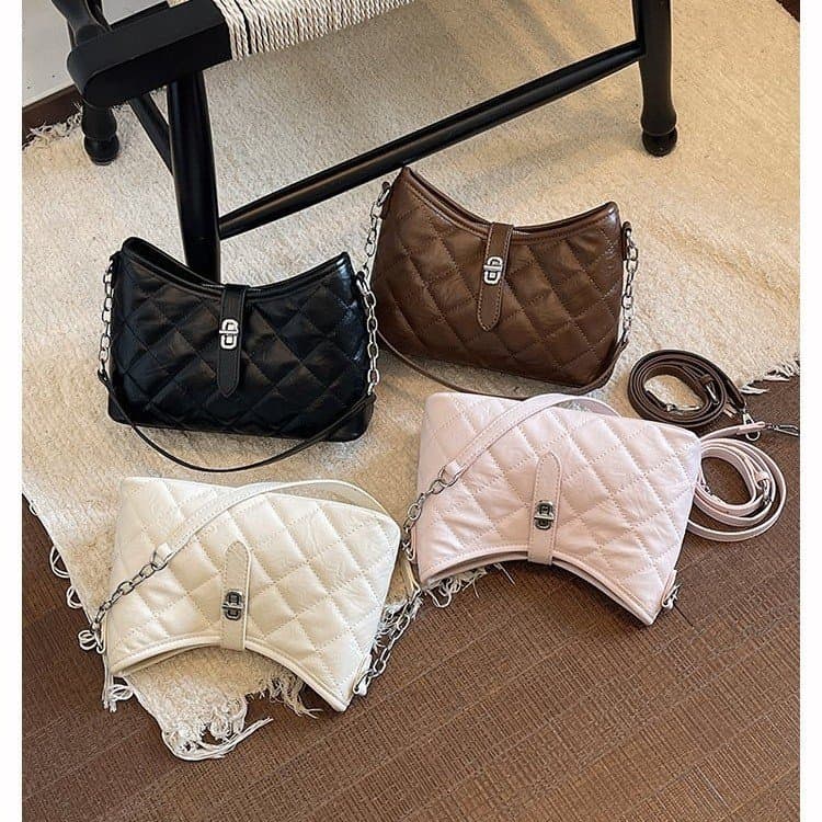 2026 Fashion Trendy Locking Buckle Bags, Diamond Checkered Single Shoulder Crossbody Bags, Underarm Hobo Factory Women's Bags