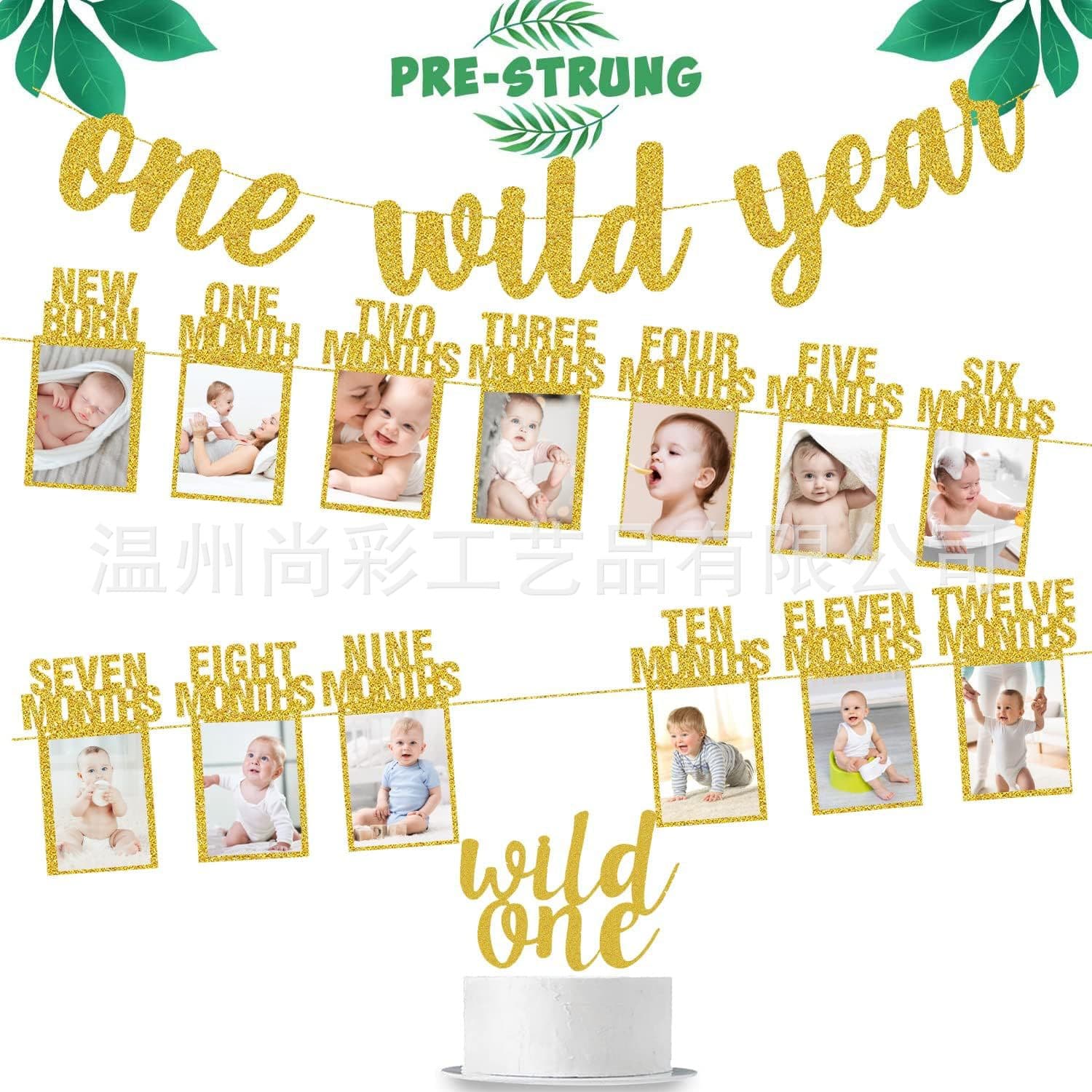 Baby First Birthday Decoration Set One Wild Year Baby Birthday Photo Frame Banner Cake Topper