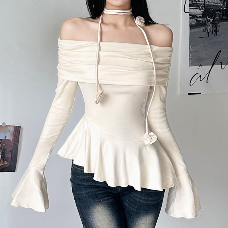Cross-border European and American Style 2024 Independent Station Autumn and Winter New Women's Street Fashion Solid Color Shoulder Long Sleeve T-Shirt