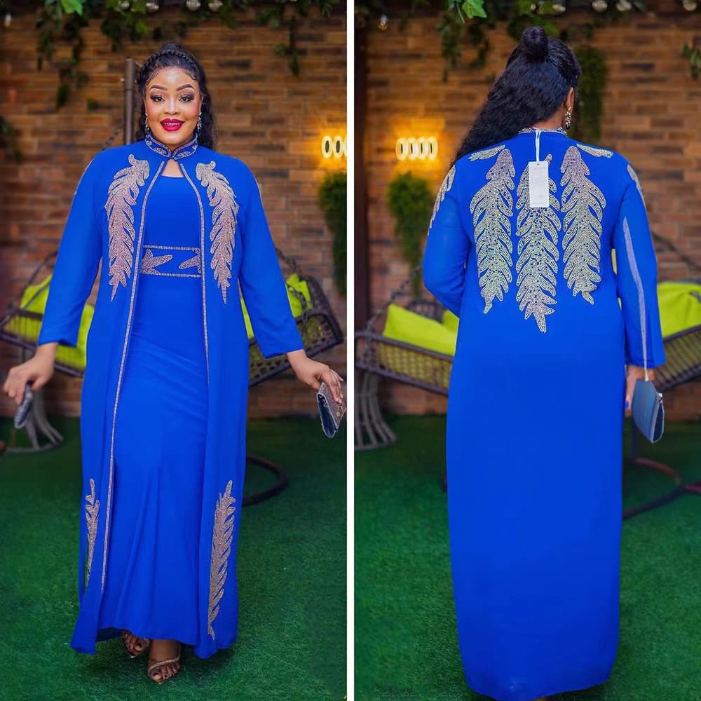 African Elegant Dress 2 Piece Set Premium Front and Back Ironed Stand Collar Long Sleeve African Fashion Design 2023