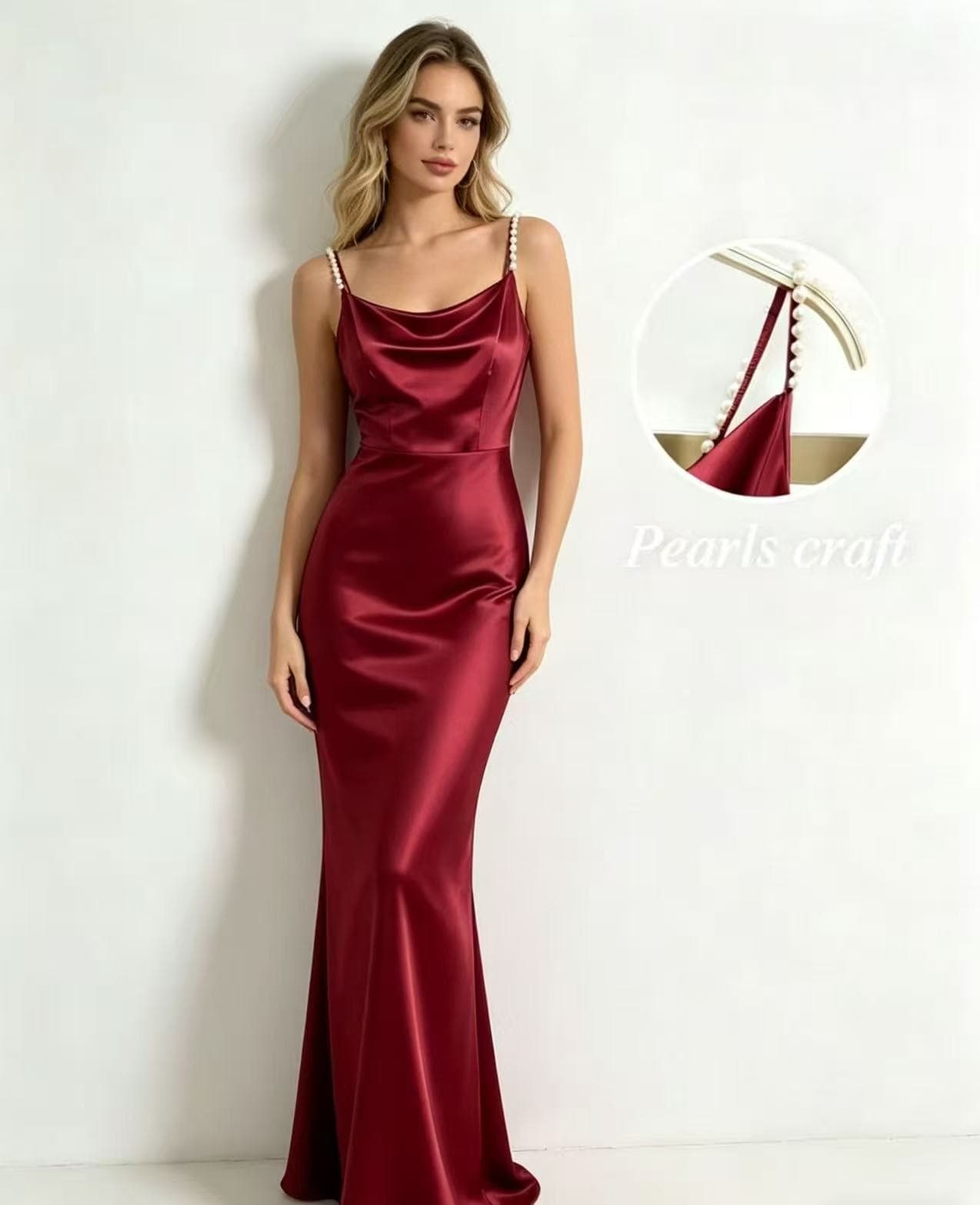 2026 Amazon Cross-border New Pearl Strap Satin Draped Neck Fishtail Long Dress French Light Luxury Slim Evening Gown