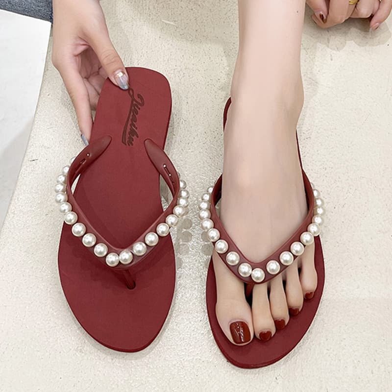 2024 New Large Size Korean Pearl Flip-Flops Women's Summer Outerwear Fashion Beach Outdoor Flip-Flops