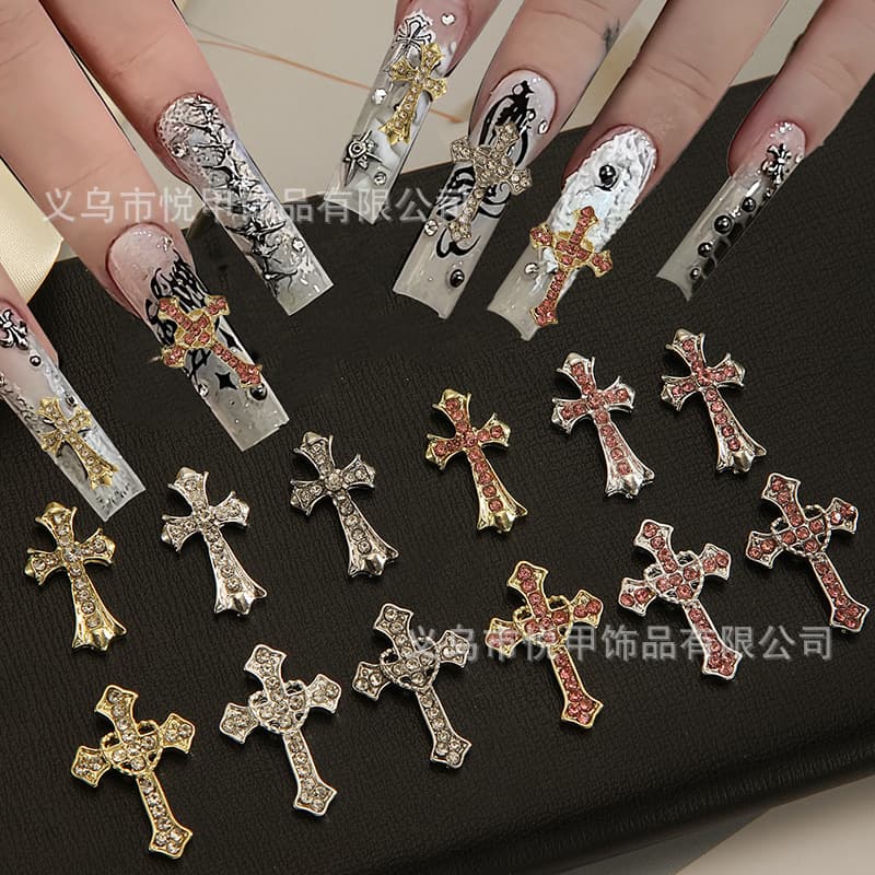 Cross-border Alloy 3D Rhinestone Cross Nail Art Decor, Luxury Hollow Halloween Heart Nail Decoration Wholesale