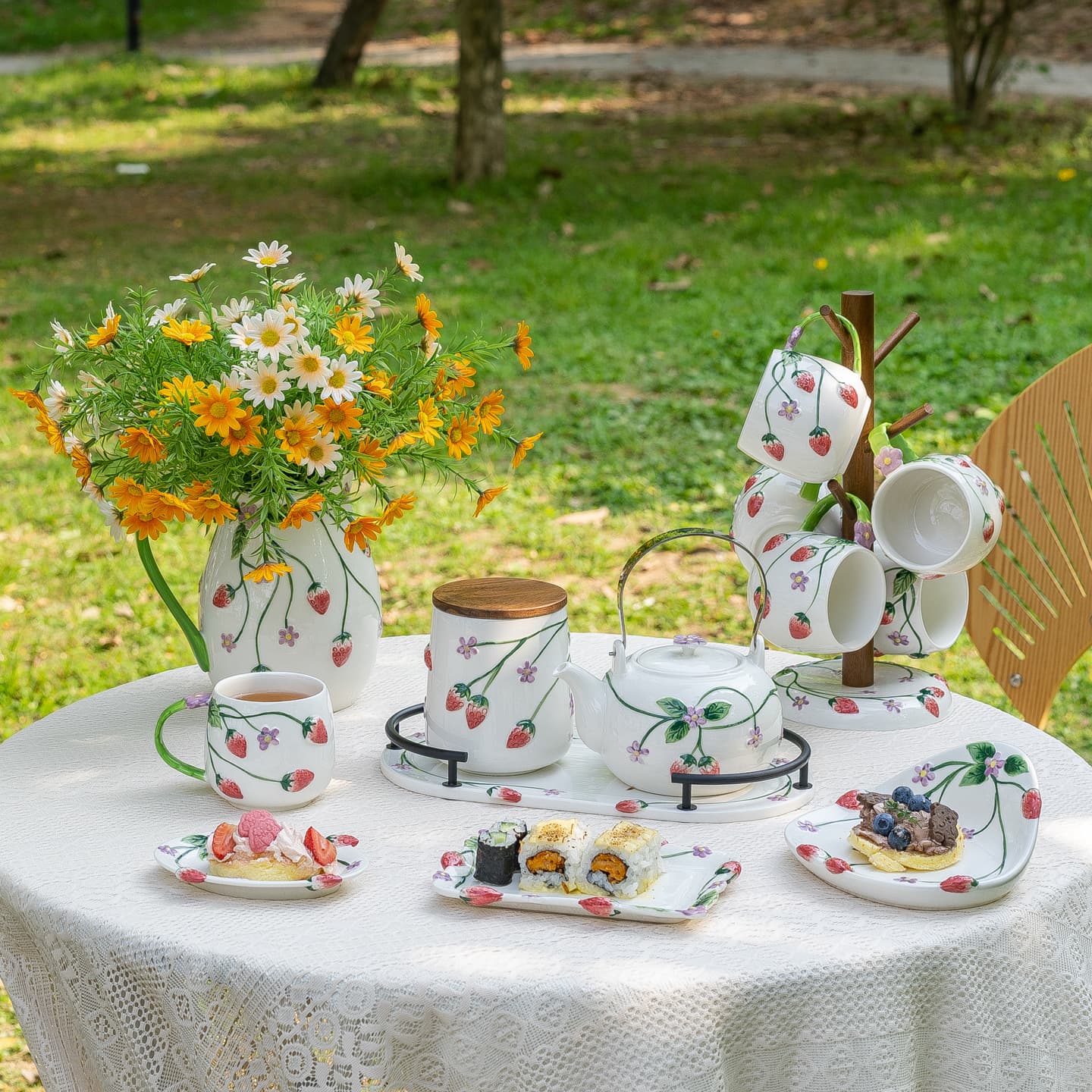Rustic Strawberry Ceramic Afternoon Tea Set Series Dessert Plate Teapot Mug Cup Holder Housewarming Gift