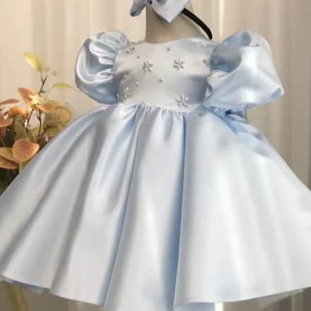 Adorable and stylish blue satin princess dress, tulle skirt evening gown, baby first birthday dress, girls' birthday photo outfit, winter