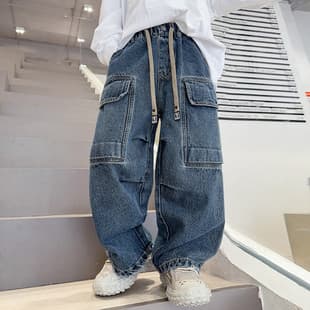 Children's Pants, Spring/Autumn Loose Fit Cargo Jeans, New Style for Older Boys, Korean Version Wide-Leg Long Pants, Trendy
