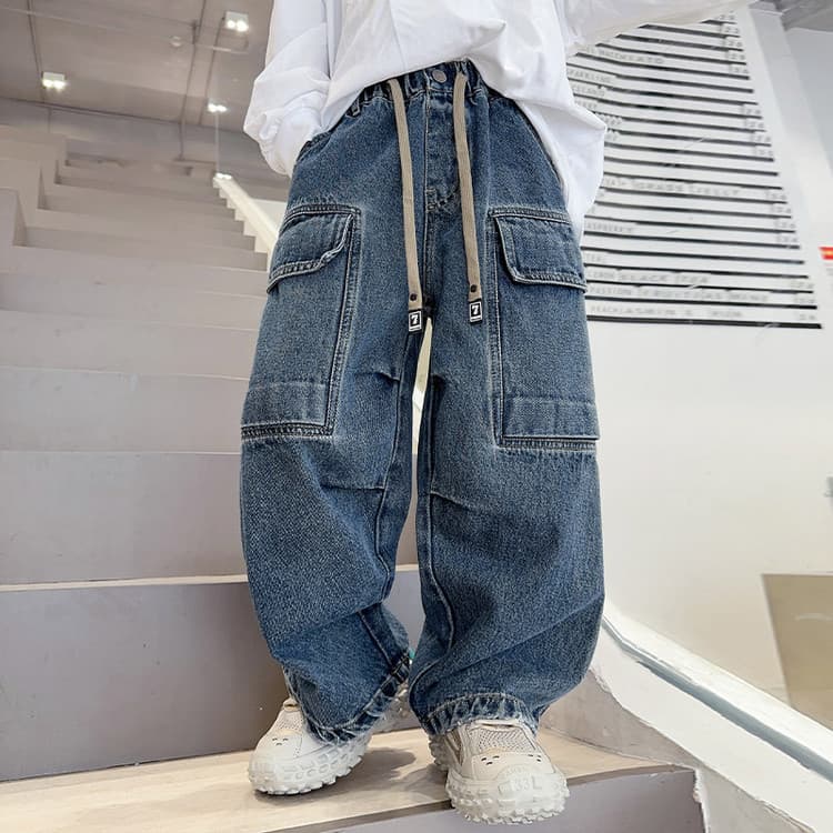 Children's trousers, spring and autumn loose workwear jeans, new medium and large boys' trendy Korean style wide-leg trousers