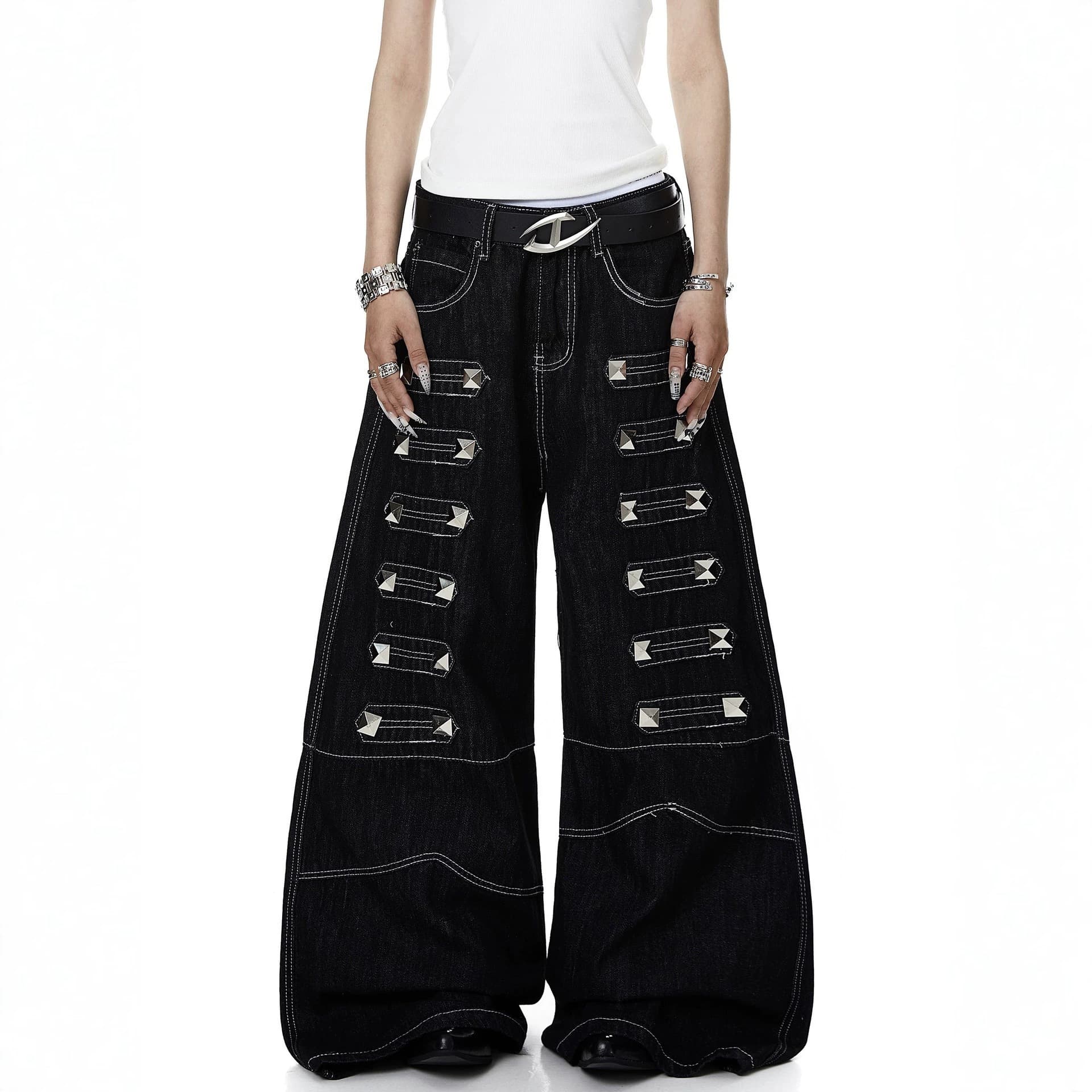 Cross-border American heavy industry rivet top-stitch design primary color jeans for men and women Abby punk boot-cut pants