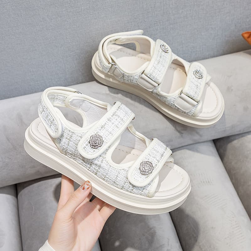 Flat Sandals 2026 Summer Women's Shoes Thick Sole Velcro Fashion Casual Shoes Student Chanel-Style Roman Sandals