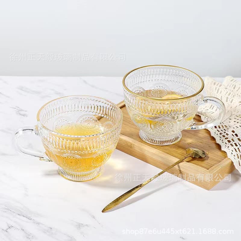 Zhengtianyi-embossed cup sunflower glass Nordic style large capacity oatmeal cup coffee cup handle breakfast cup