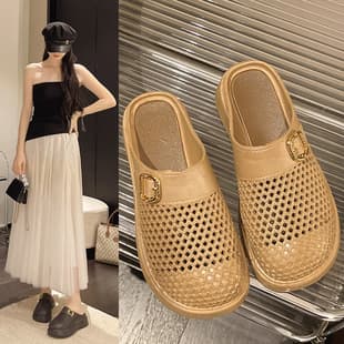 Summer Women's Comfort Sandals, Hollow Breathable Non-Slip Thick Sole Closed-Toe Shoes, Versatile Mid-Heel Home Birkenstock Style Trend