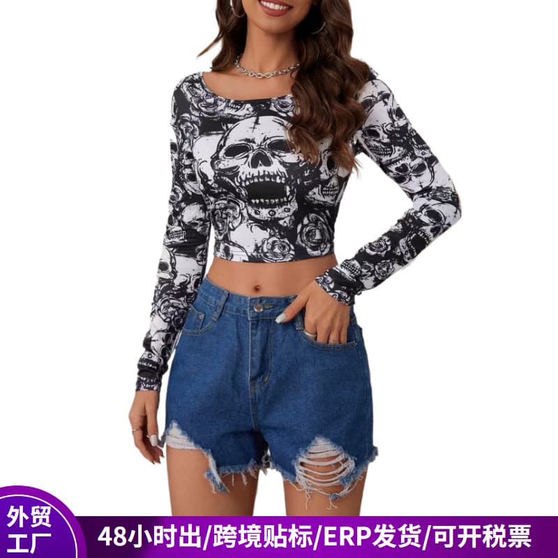 Amazon Biker Style Long Sleeve Graphic Crew Neck Crop T-Shirt Women's Edgy Skull Print Slim Fit Belly-Baring Top