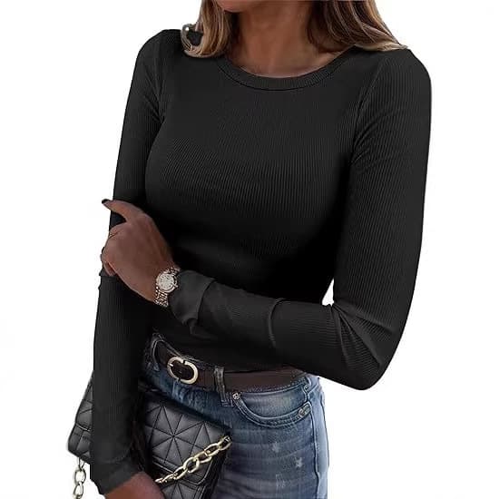 2024 New Women's Long Sleeve Stretch Round Neck Ribbed T-Shirt Slim Fit Casual Basic Top