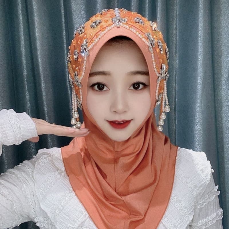 Ethnic Headscarf Star Sand Hard Brim Sun Hat with Ear Cover, Shiny Ribbon, Hand-Sewn Tassel [Dawn]