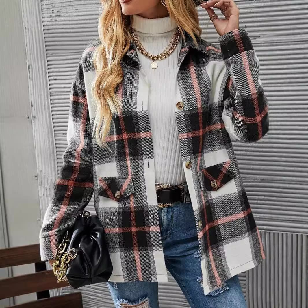 2024 Amazon Fall/Winter Women's Drop Shoulder Long Sleeve Lapel Loose Plaid Casual Wool Shirt Jacket