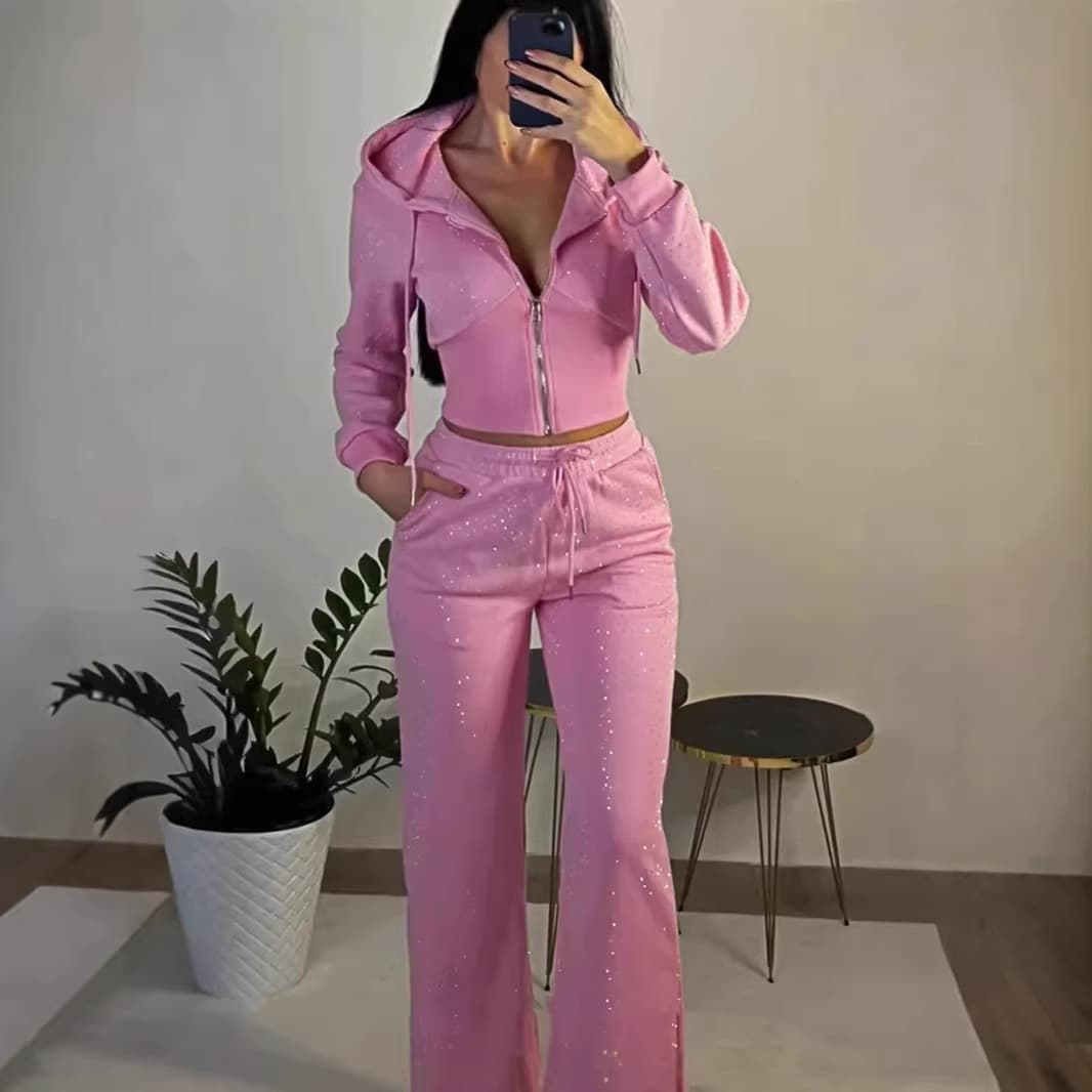 European and American cross-border foreign trade hot diamond short zipper hooded sweatshirt cardigan women's slim casual hoodie sweatpants suit