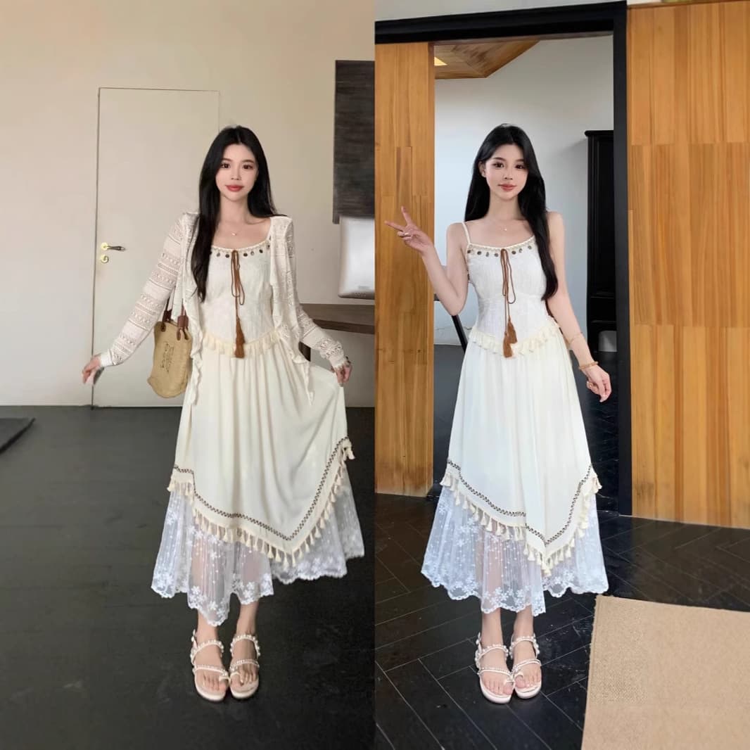 Plus Size Women's Ethnic Style Lace Dress with Woven Ribbon Tassel Halter Dress Hollow Out Cardigan Set