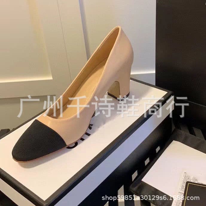 High-End Genuine Leather Chanel-Style Women's Versatile Color-Block High-Heeled Mule Sandals with Chunky Heels in Nude Color