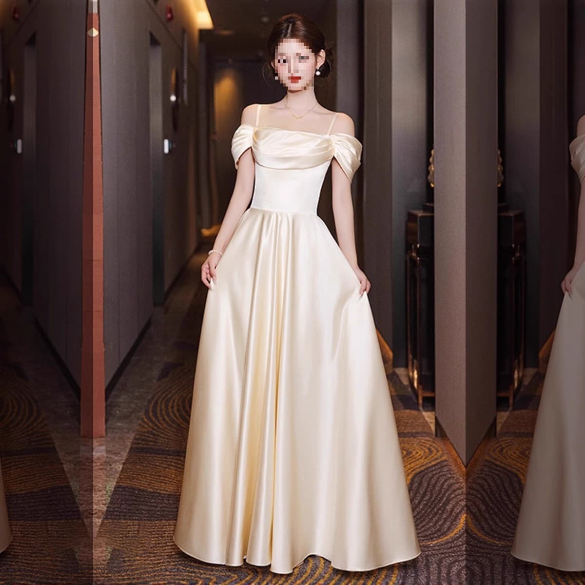 Satin bridesmaid dress, new 2025 style, champagne color, high-end evening gown for choir hosts and bridesmaids, suitable for everyday wear.