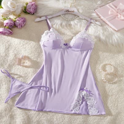 European American Lingerie Push-up Sexy Deep V Bow Side Slit Slimming Slip Dress Set New