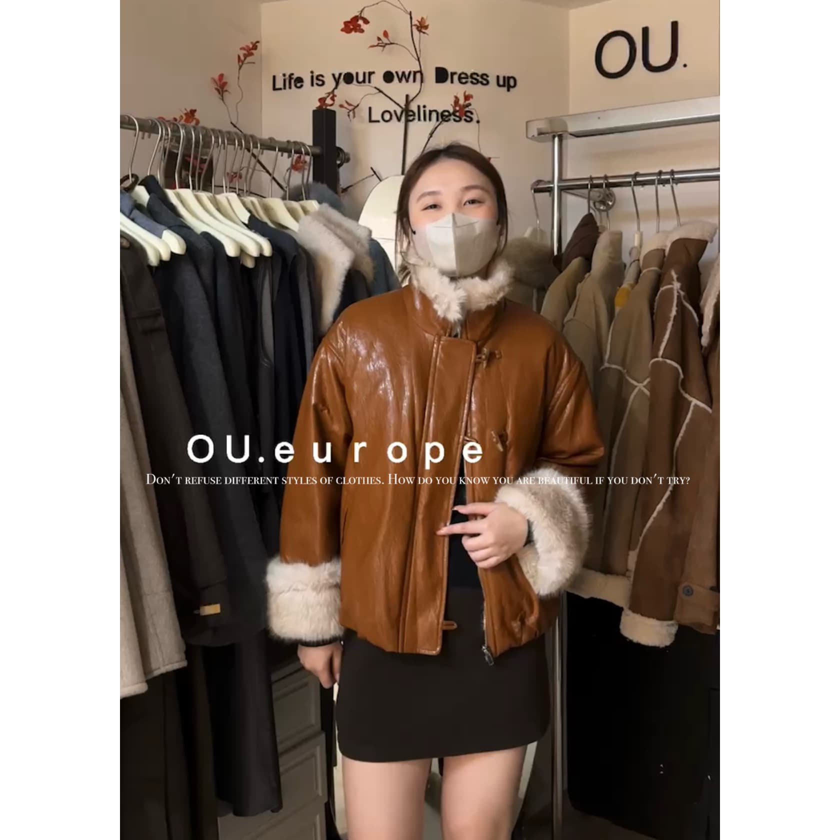 OU-Winter New Arrival High-End Waxed Leather Stand Collar Loose Thickened Down PU Leather Jacket 285