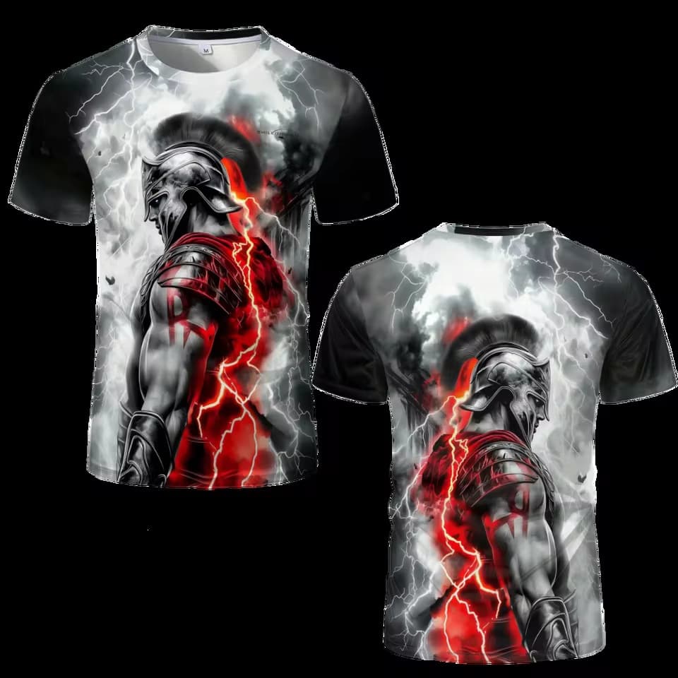 2026 New Tattoo Pattern Lightning Smoke Spartan Warrior T-Shirt Ancient Greek Helmet Print T-Shirt Unisex Street