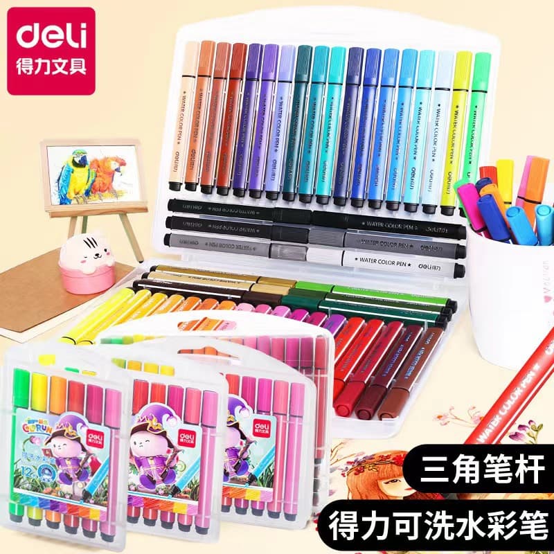 Deli watercolor pen student children's art painting large capacity triangle pole color pen set stationery supplies wholesale