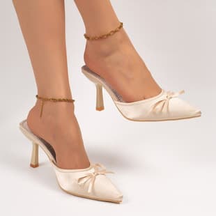 Black Satin Pointed Toe Thin Heel Sandals Women French Small Bow Shallow Mouth High Heel Half Slippers Elegant Commute Outdoor
