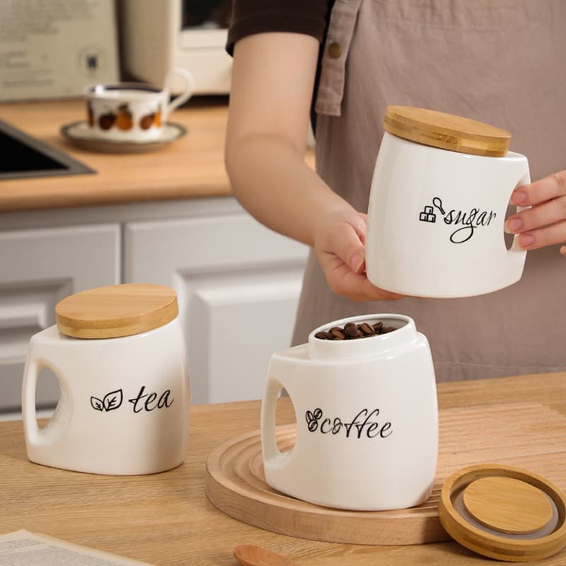 Ceramic Tea Canister with Handle, Household Storage Jar, Sugar Jar with Spoon, Coffee Bean Container, Grain Airtight Sealed Storage Can