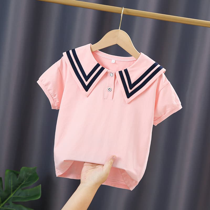 High-Low Hem Girls' Short Sleeve T-Shirt Summer New Style Children's Summer Nautical Style Lapel Undershirt Versatile Trendy Top 9